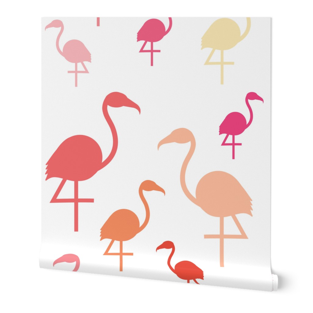 Flamingos in pink / coral / lemon on white 