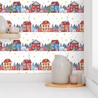 Watercolor Winter Pattern with Christmas Houses.