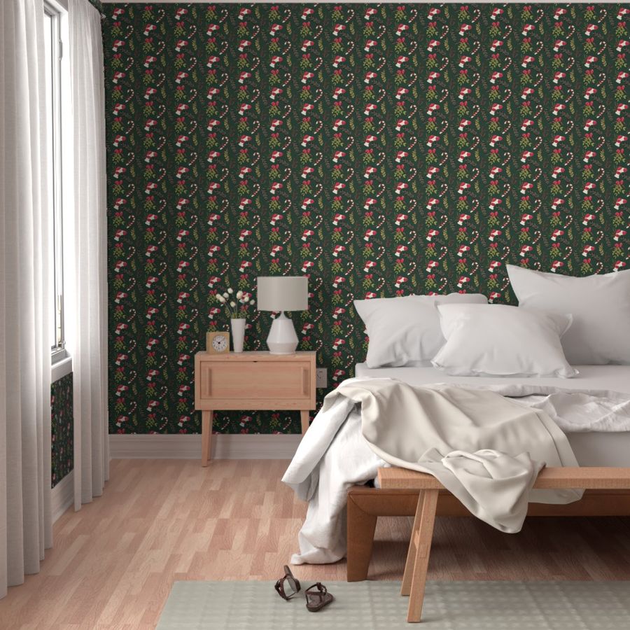 Christmas morning with a candy cane, stockings and mistletoe - forest green - medium