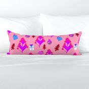 Christmas trees gifts all wrapped in bright purple and pink on soft pink