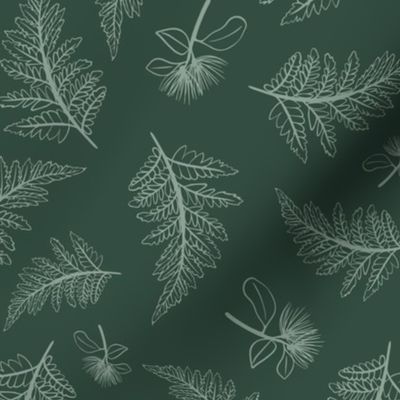 Silver Ferns And Pohutukawa Sketched On Dark Green Kiwiana