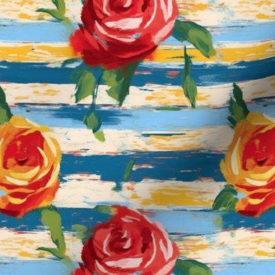 art deco orange red roses and watercolor stripes of gold and blue