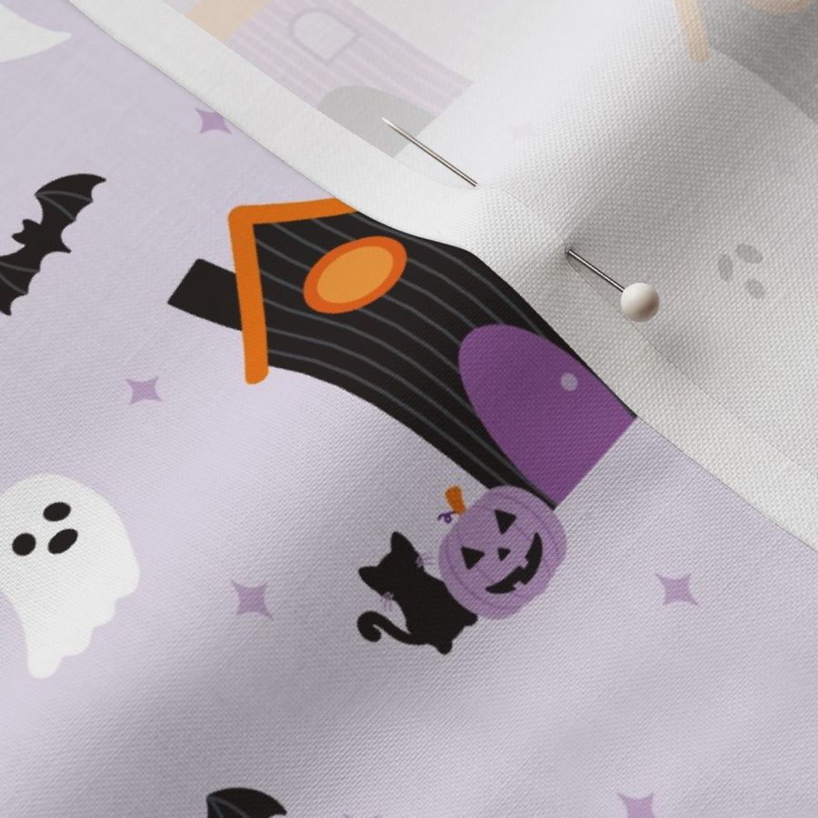 Cute Haunted Mansions on a Pastel Purple Background