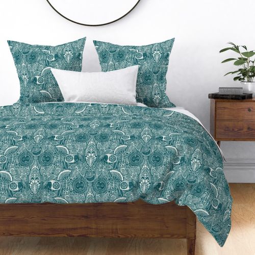 (medium) Linen Textured Indian Bohemian Floral teal dark marine green white