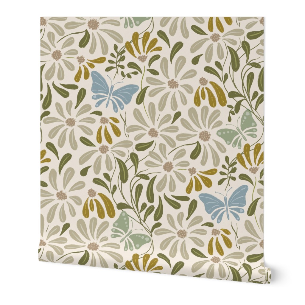 Blue Butterfly Boho Garden with Mustard Yellow Olive Green on Cream - Large