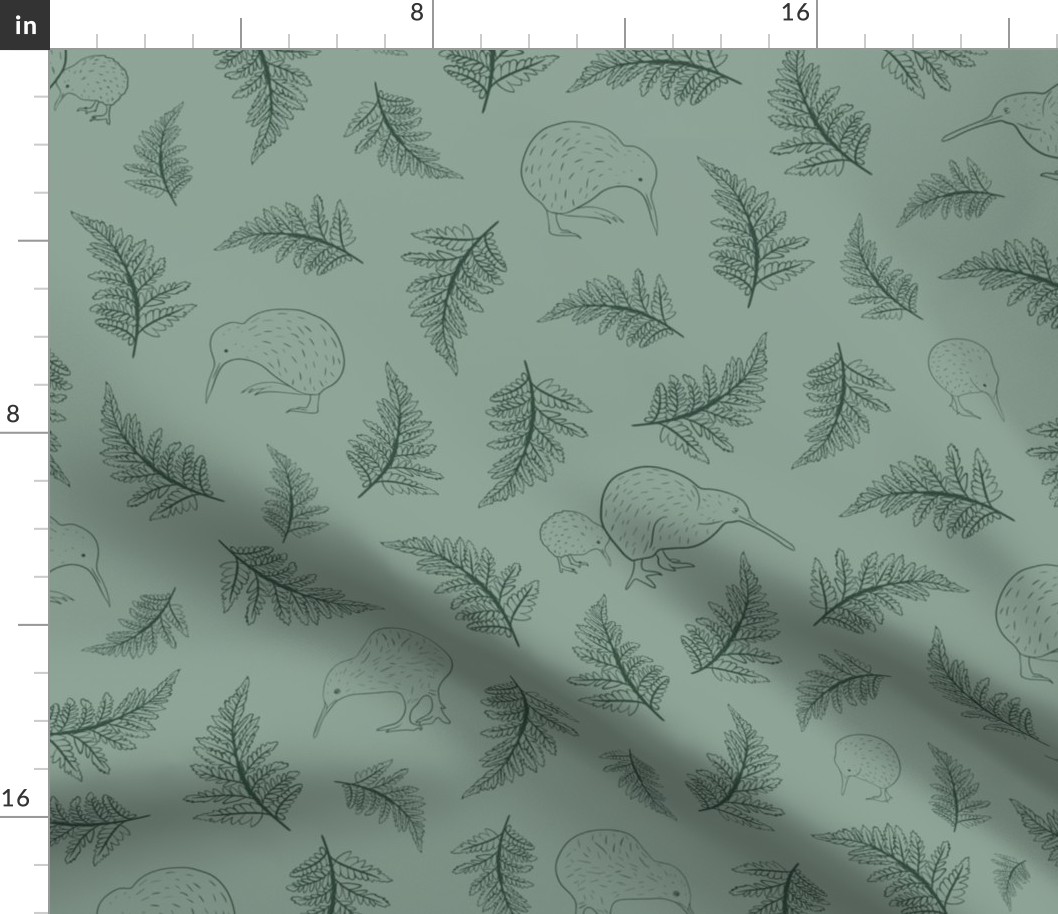 Kiwi Birds And Silver Ferns On Sage Green