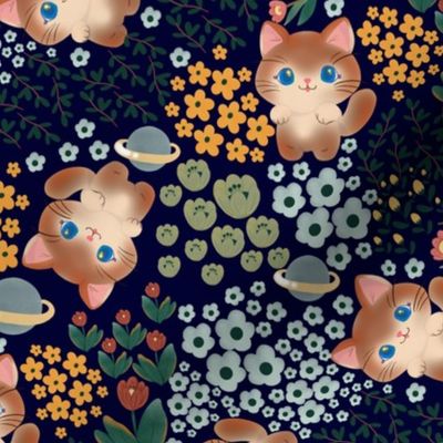 Cosmic Cats A Galactic Space Garden with Planets and Flowers dark blue