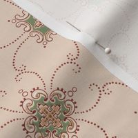 quatrefoils and maroon dot scrolls