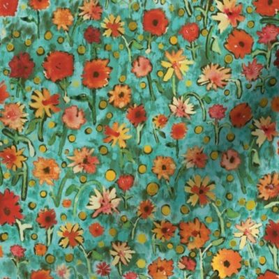 Red and Orange Wildflowers, maximalist painterly wallpaper and fabric, bright, teal and green background, watercolor art, floral design, bohemian flowers, colorful and quirky flowers, artist handmade painted pattern