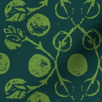 Leafy vines block print in hunter green and lime