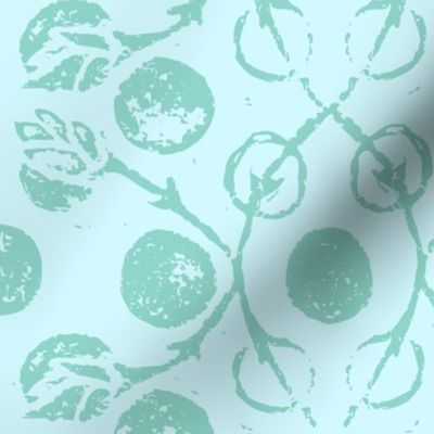 Leafy vines block print in sky blue and jade green