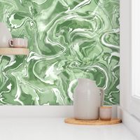 Abstract Marble Swirling Inky Paint Splotches Green and White Large Scale