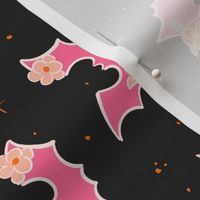 Cute Bats with florals - Pink and Orange Bats on Very dark grey with Orange stars Large scale