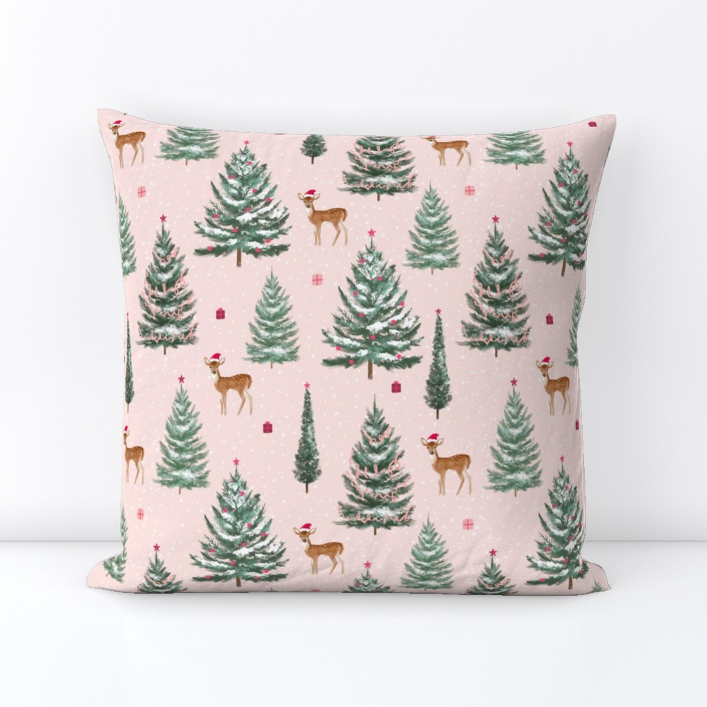 Christmas Deer & Trees (Pastel Pink)