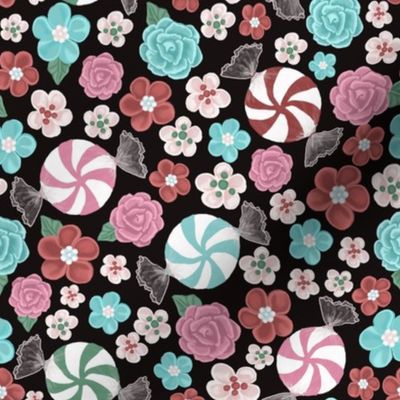 Candyland Ditsy Floral - Sugar Flowers and Holiday Candy on black