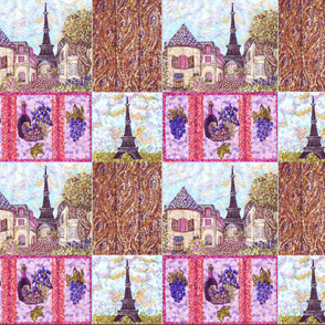 Paris inspired pointillisms with landscape, wood planks, grapes and wine fabric design 42x36" new 1