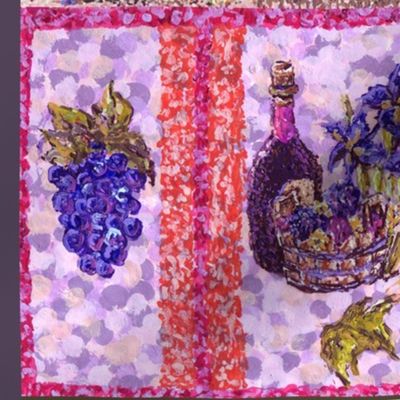 Paris inspired pointillisms with landscape, wood planks, grapes and wine fabric design 42x36" new 2