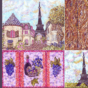 Paris inspired pointillisms with landscape, wood planks, grapes and wine fabric design 42x36" new 2