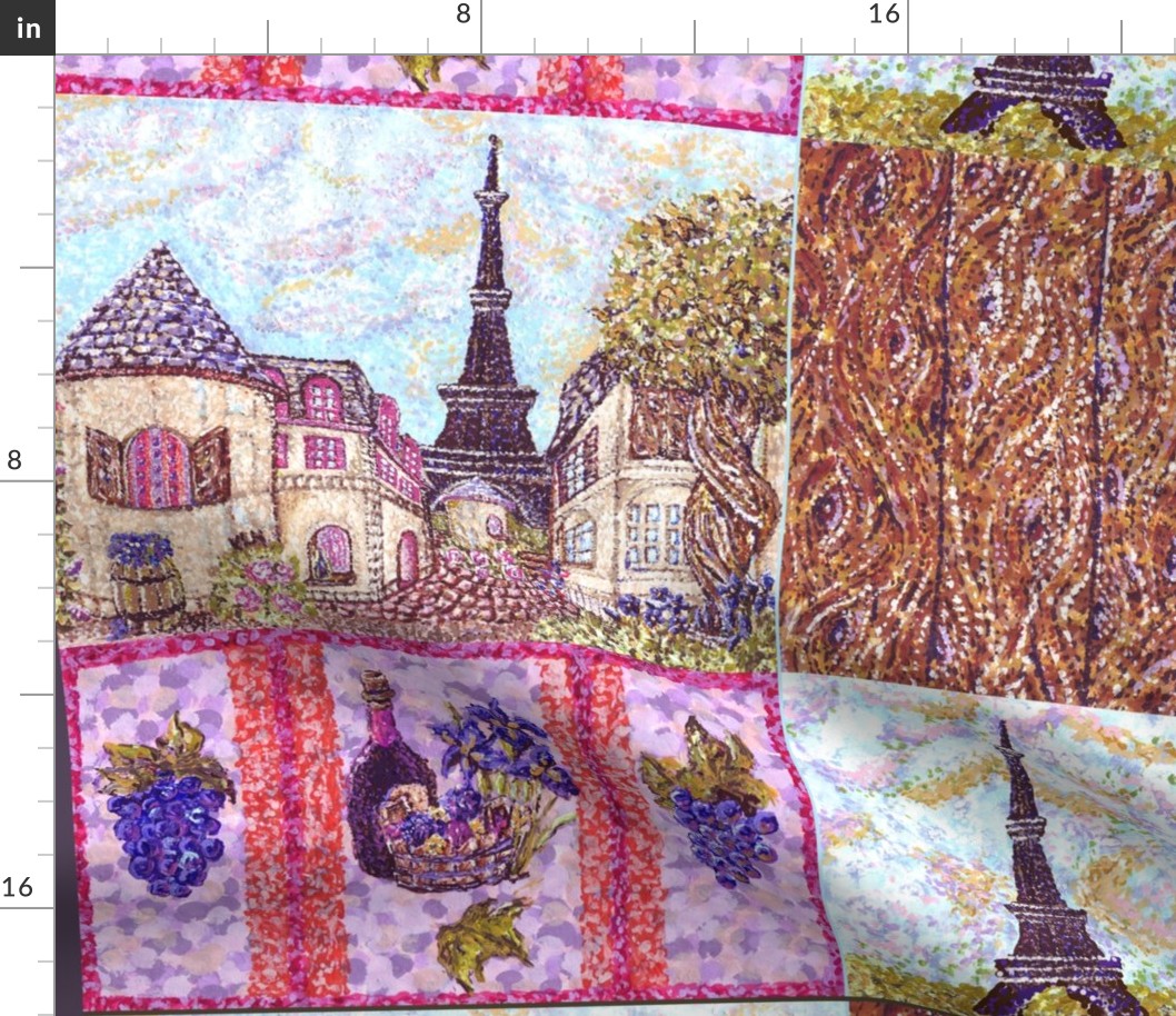 Paris inspired pointillisms with landscape, wood planks, grapes and wine fabric design 42x36" new 2