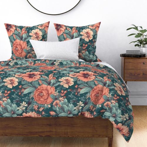 Large Lush Garden Romantic Moody Floral Coral And Aqua Flowers