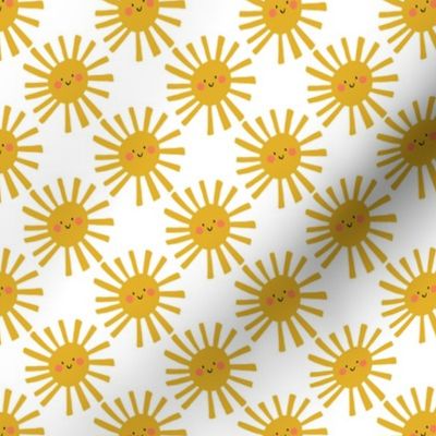 Happy Suns Design//Small: Bright yellow suns with smiley faces on white background: Gender neutral kids design