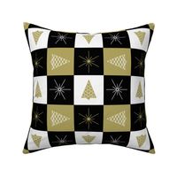 (M) Christmas Quilt Cheat Trees and Celestial Stars Black White Gold