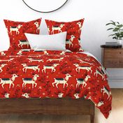 Christmas Folk Art Pattern of Reindeer on a Red Background