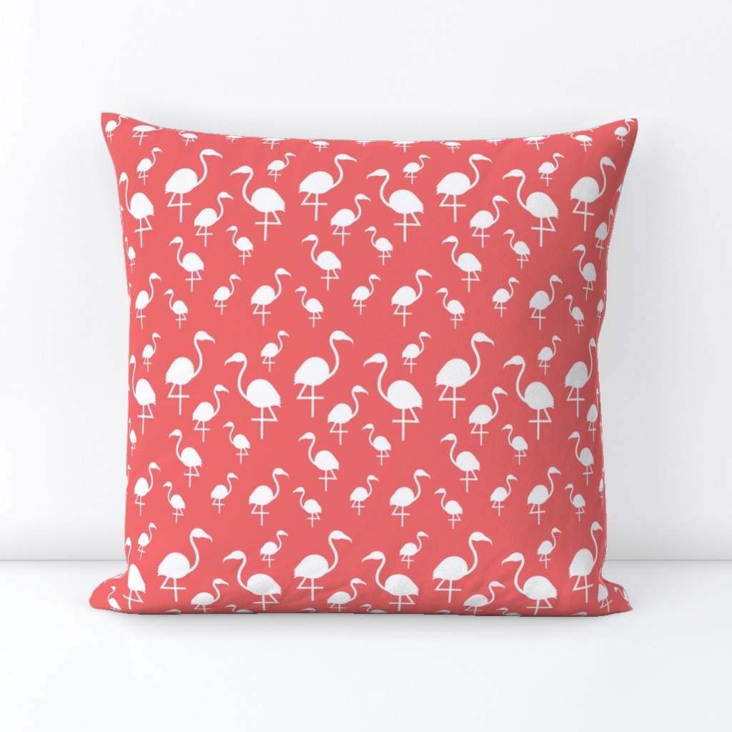 Flamingos in White on Dark Coral