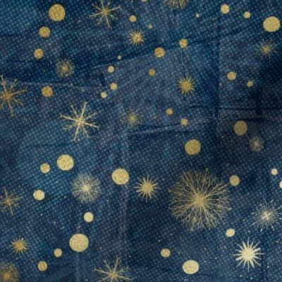 Festive textured dark blue pattern golden stars snowflakes Holiday fabric