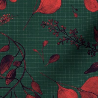 Watercolor XL eucalyptus and forest leaves red with grid texture on green