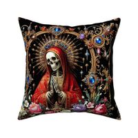 8 red gothic praying skeleton virgin mary inspired Santa Muerte Mexican folk Catholicism Neopaganism death Day of the Dead Dia de Muertos lady of death Saint halo ornate frame filigree swirls floral leaves butterflies pink blue yellow peonies flowers beau