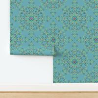 Green and Brown Filigree Kaleidoscope on Turquoise Blue