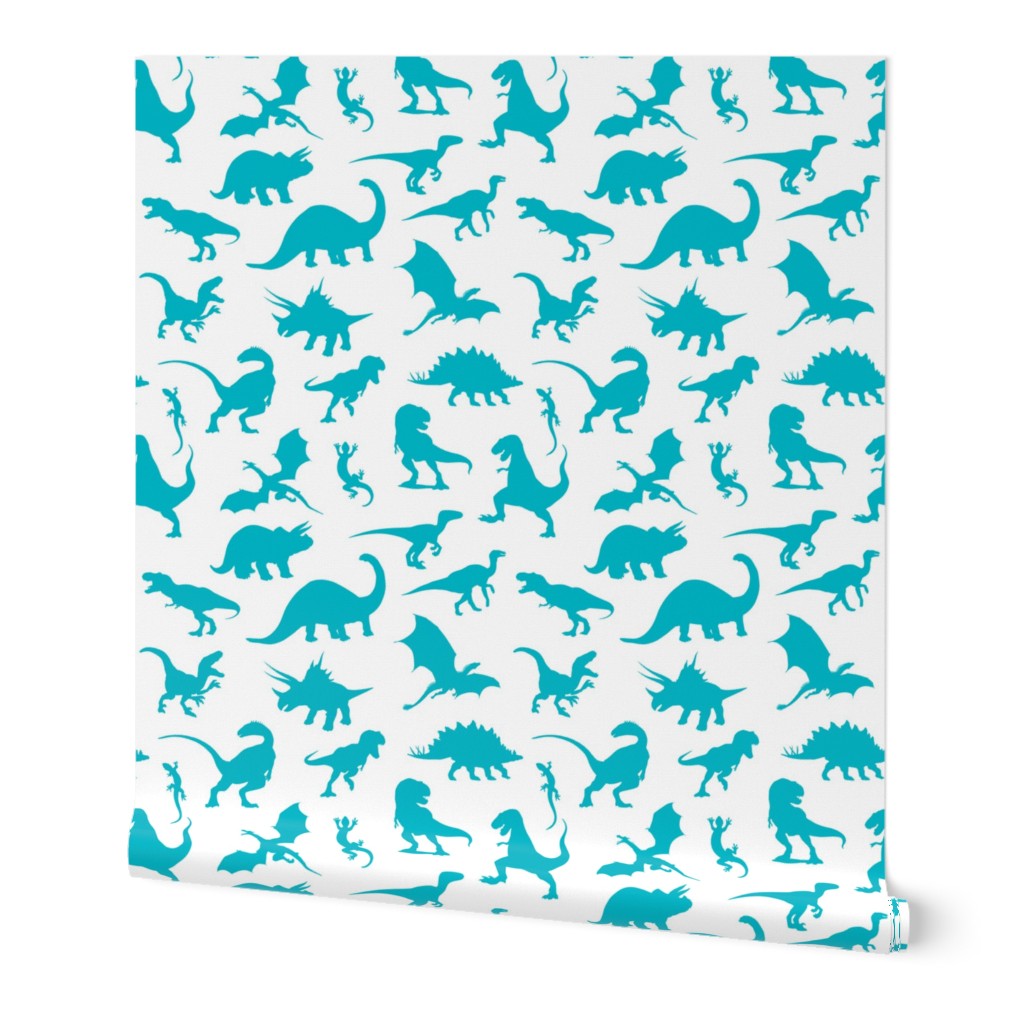 Land of Dinosaurs!  Cyan turquoise blue silhouettes on white 