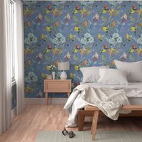 Watercolour Birds welcoming walls in corn blue