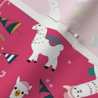 S - Festive Llama Candy Cane Holiday Pattern in Hot Pink and white