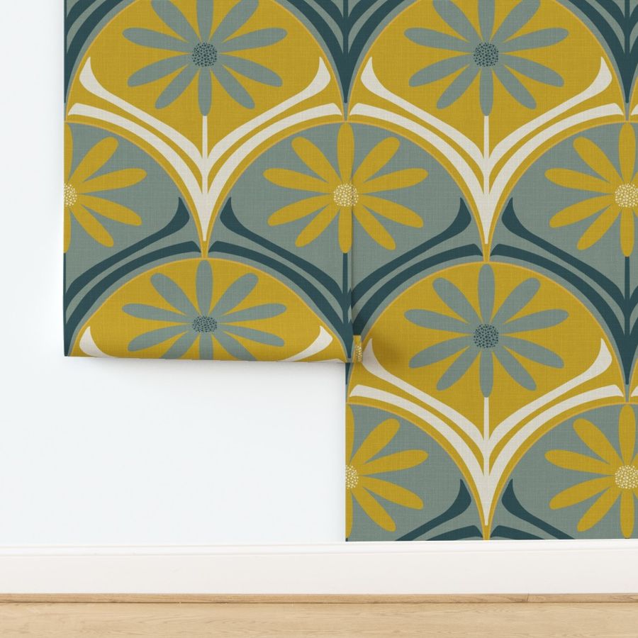 Modern Deco Daisy- Yellow Cream and Teal