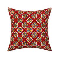 Red geometric wajik batik with subtle linen overlay texture