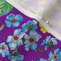 Meadow Bloom, Watercolor Hand Drawn Blue, Yellow, Orange Flowers on Bright Violet Purple, L