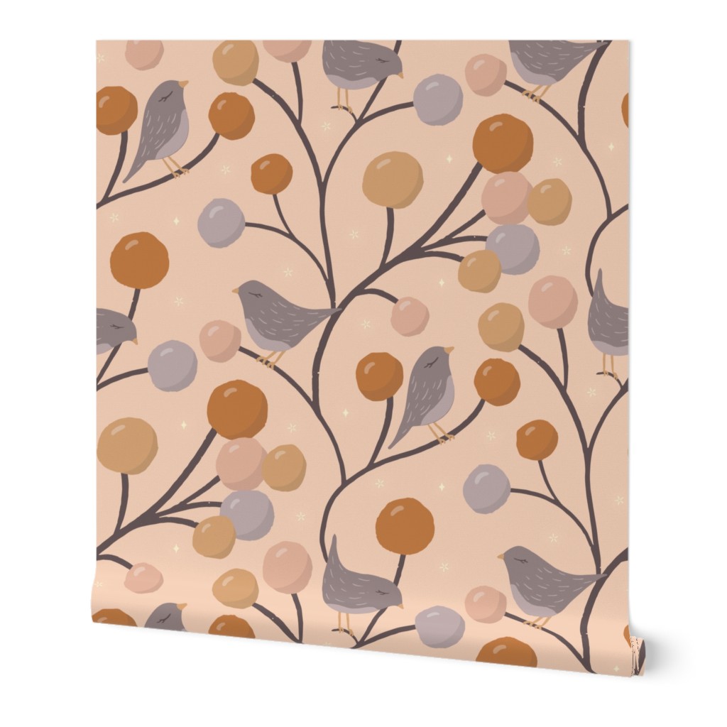 L Cute Birds on a Berry Bush Branches beige day - large scale