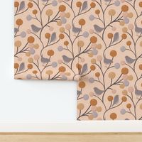 L Cute Birds on a Berry Bush Branches beige day - large scale