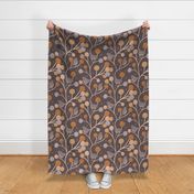 L Cute Beige Birds on a Berry Bush Branches brown night - large scale