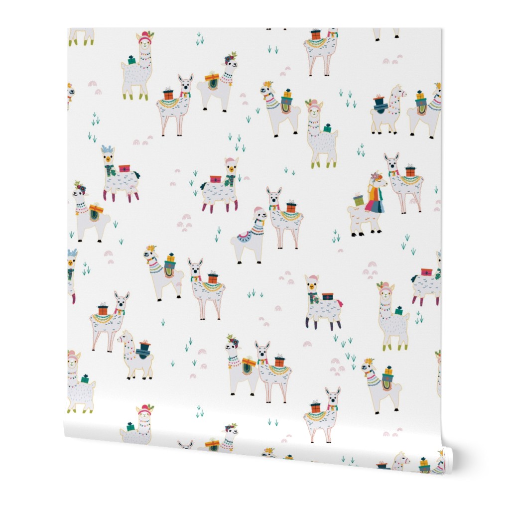 S - Whimsical Llamas on Bright White - Winter Holiday Christmas Design