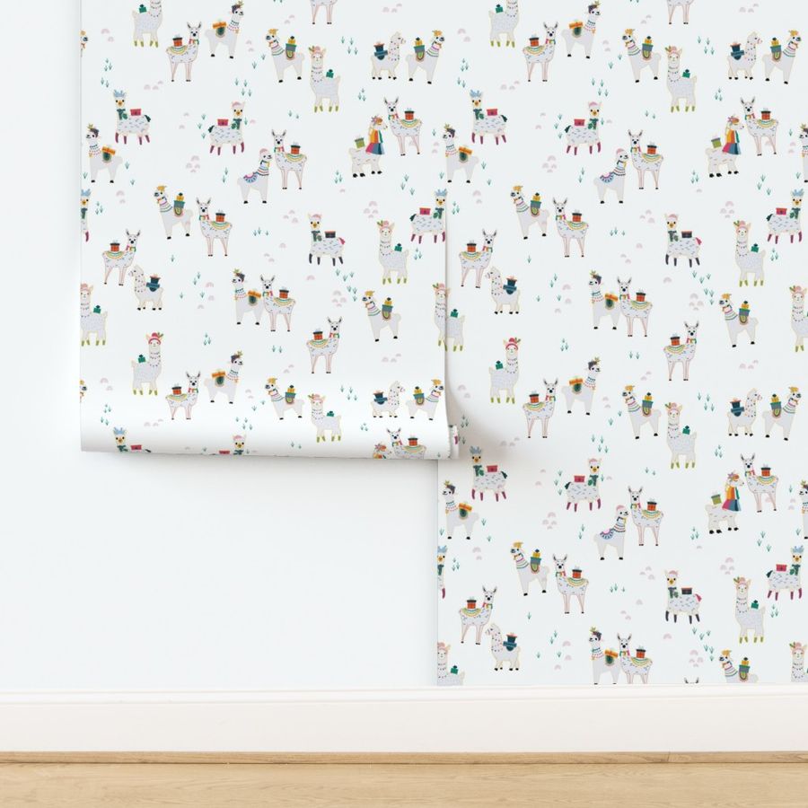 S - Whimsical Llamas on Bright White - Winter Holiday Christmas Design