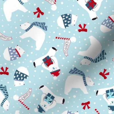 medium - ditsy christmas polar bears - on blue