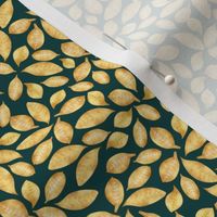 Gold Privet Leaves Tossed Halfdrop on Deep Teal 004040