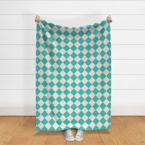 Large scale / Retro blue and beige diamond checkerboard / geometric vintage 60s diagonal square pop art kitchen tiles in cool teal on warm light off white creamy ivory / preppy classic 70s picnic checks grid