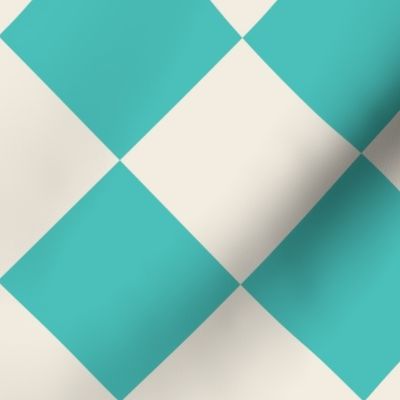 Large scale / Retro blue and beige diamond checkerboard / geometric vintage 60s diagonal square pop art kitchen tiles in cool teal on warm light off white creamy ivory / preppy classic 70s picnic checks grid