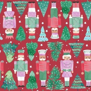 Nutcracker and Christmas Trees on Red