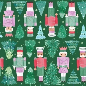 Nutcracker and Christmas Trees Dark Green