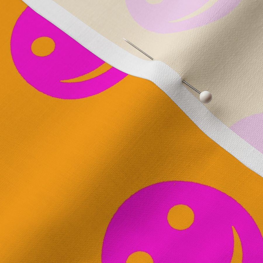 Neon Pink Smiley Faces on Vibrant Orange Background